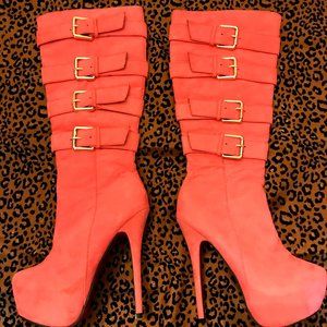 AMI Pink Suede Buckled Knee High Pink Bottom Boot